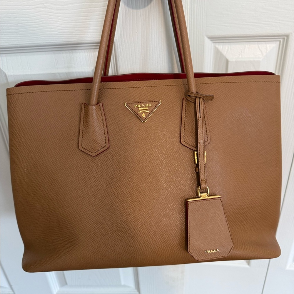 Prada Tan Tote with Red Interior